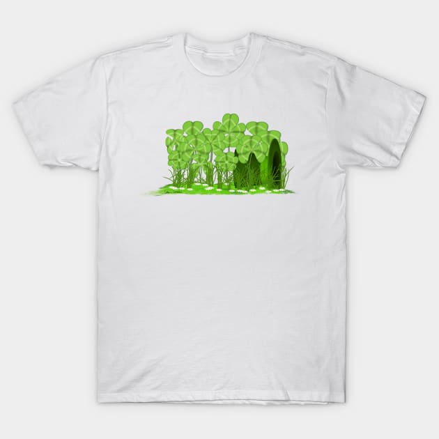 Leprechaun's Top Hat Lying in Field of Shamrocks T-Shirt by ButterflyInTheAttic